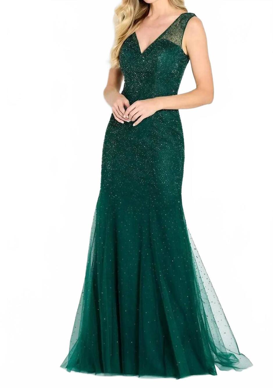 NEW CAMERON BLAKE embellished mermaid evening gown in emerald